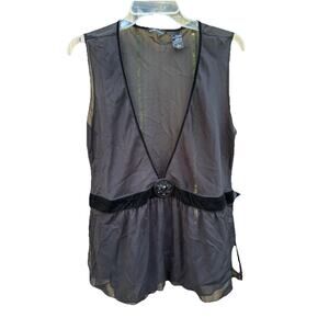 New York & Company Sheer Top Sleeveless Velvet Accents Deep Neckline